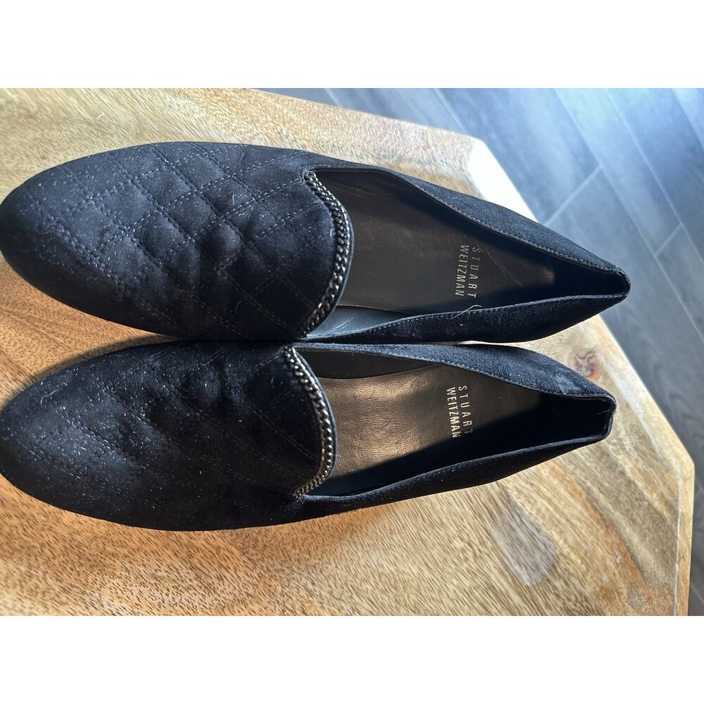 Stuart Weitzman Loafers Black Suede Chain Accent Quilted Flat 7.5